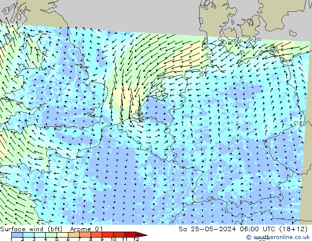 Surface wind (bft) Arome 01 Sa 25.05.2024 06 UTC