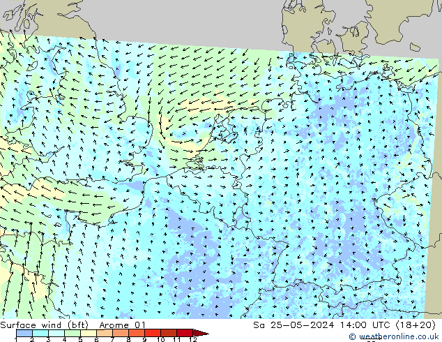 Vento 10 m (bft) Arome 01 sab 25.05.2024 14 UTC