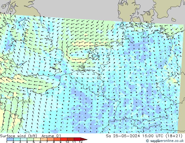 Viento 10 m (bft) Arome 01 sáb 25.05.2024 15 UTC