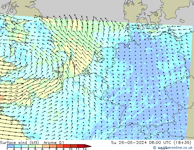 Wind 10 m (bft) Arome 01 zo 26.05.2024 06 UTC