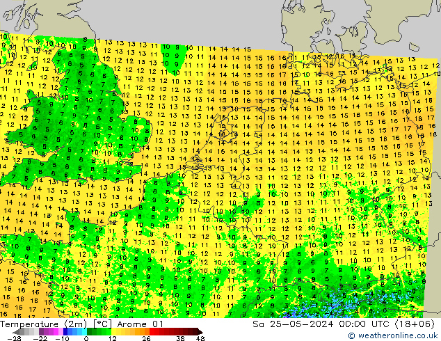 Temperatura (2m) Arome 01 Sáb 25.05.2024 00 UTC