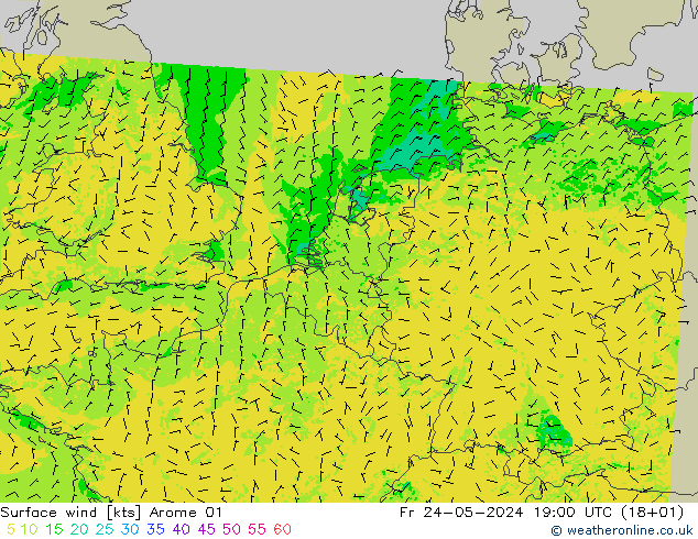 Viento 10 m Arome 01 vie 24.05.2024 19 UTC