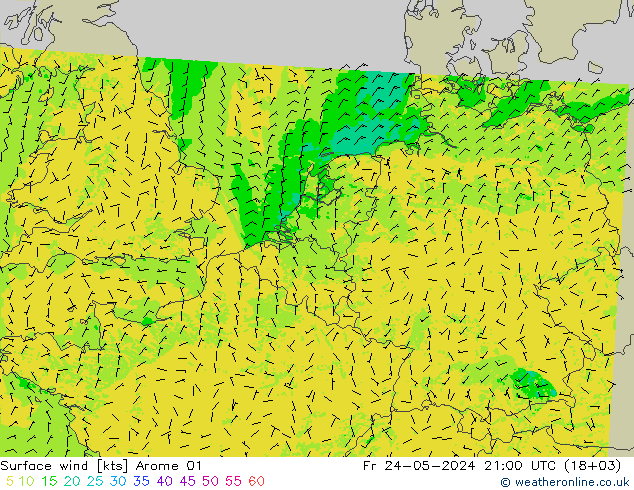 Rüzgar 10 m Arome 01 Cu 24.05.2024 21 UTC