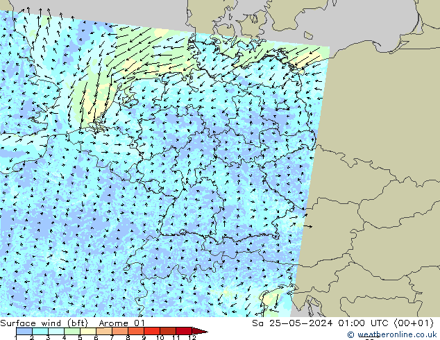 Wind 10 m (bft) Arome 01 za 25.05.2024 01 UTC