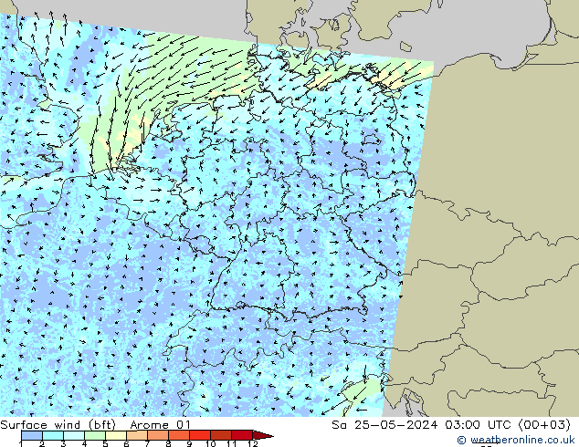 �N 10 米 (bft) Arome 01 星期六 25.05.2024 03 UTC