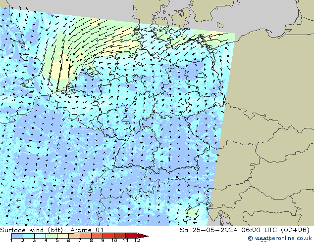 wiatr 10 m (bft) Arome 01 so. 25.05.2024 06 UTC