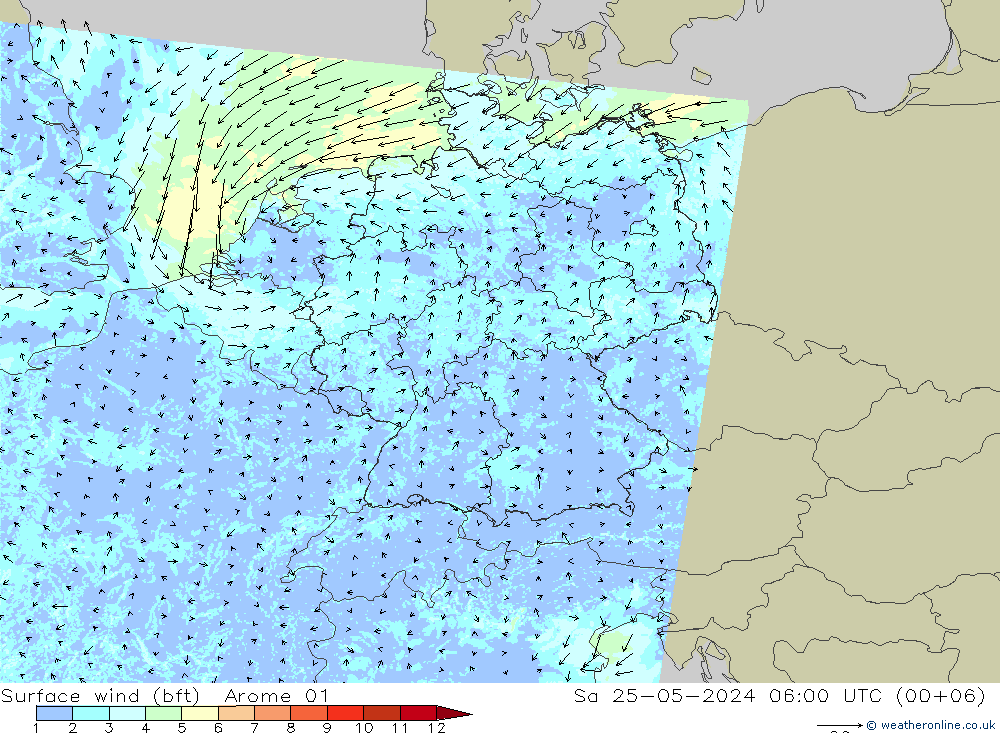 Bodenwind (bft) Arome 01 Sa 25.05.2024 06 UTC