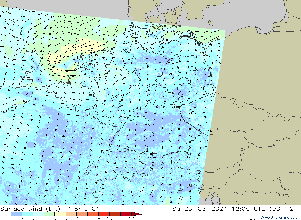 Vento 10 m (bft) Arome 01 Sáb 25.05.2024 12 UTC