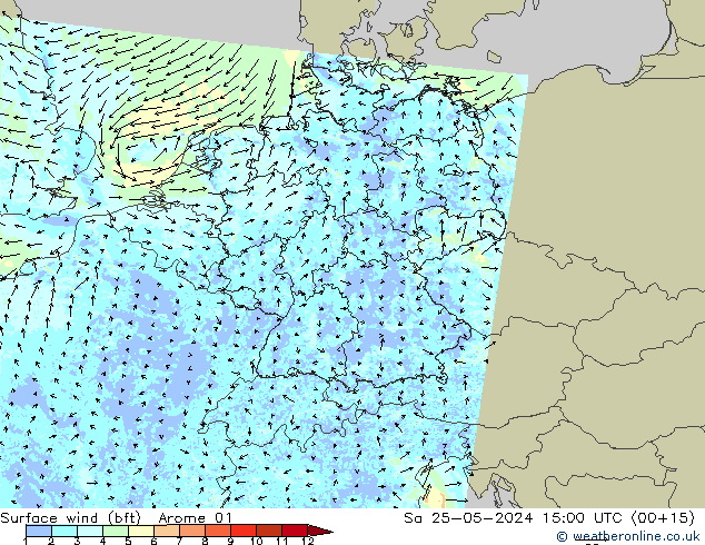 wiatr 10 m (bft) Arome 01 so. 25.05.2024 15 UTC