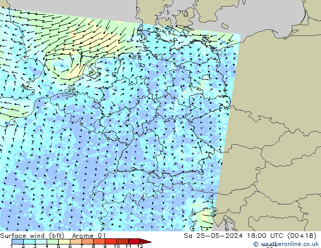 Vento 10 m (bft) Arome 01 Sáb 25.05.2024 18 UTC