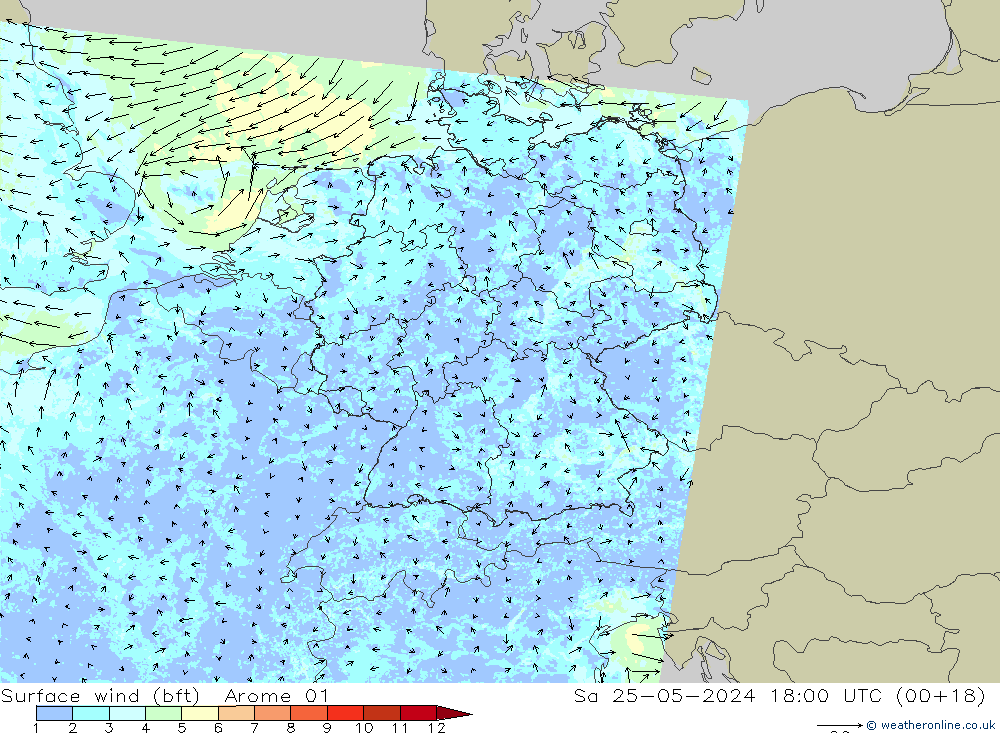 wiatr 10 m (bft) Arome 01 so. 25.05.2024 18 UTC