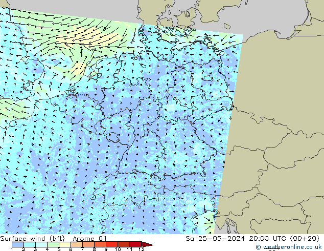 Wind 10 m (bft) Arome 01 za 25.05.2024 20 UTC