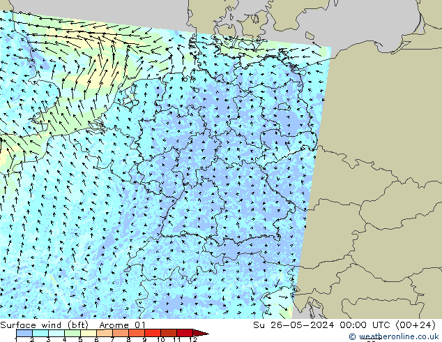 Bodenwind (bft) Arome 01 So 26.05.2024 00 UTC