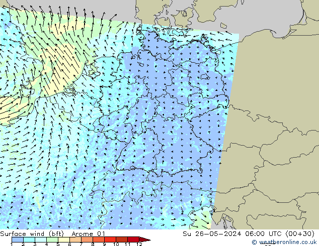 Wind 10 m (bft) Arome 01 zo 26.05.2024 06 UTC