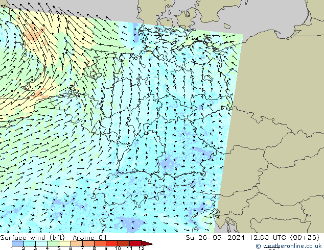 Vent 10 m (bft) Arome 01 dim 26.05.2024 12 UTC