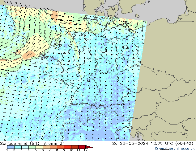 Wind 10 m (bft) Arome 01 zo 26.05.2024 18 UTC