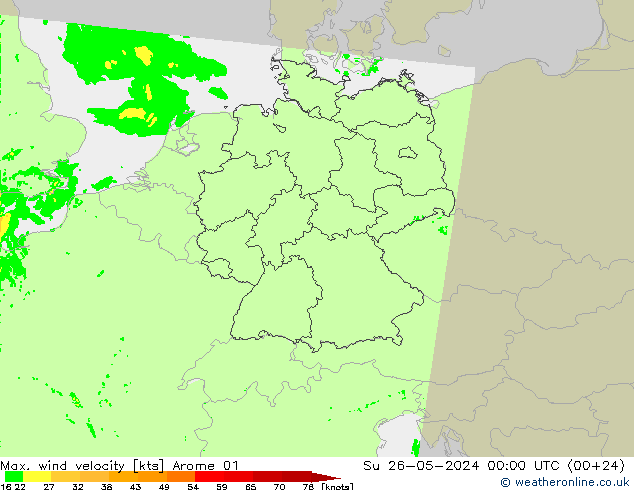 Max. wind velocity Arome 01 Su 26.05.2024 00 UTC