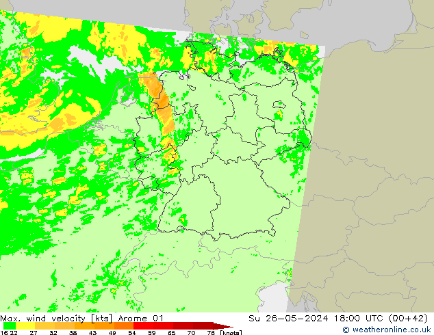 Max. wind velocity Arome 01  26.05.2024 18 UTC