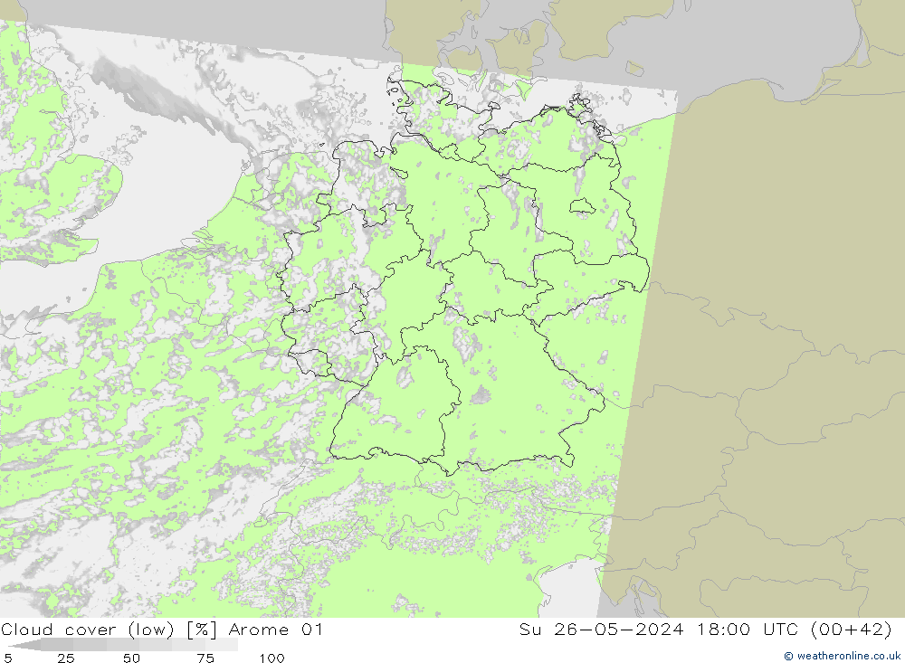 Cloud cover (low) Arome 01 Su 26.05.2024 18 UTC