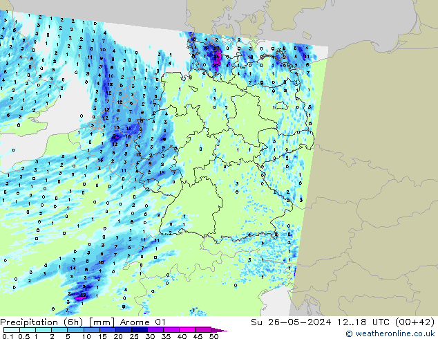 Totale neerslag (6h) Arome 01 zo 26.05.2024 18 UTC