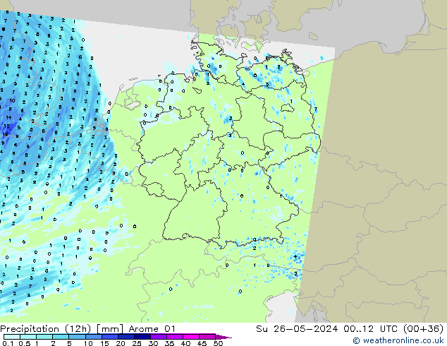 Precipitación (12h) Arome 01 dom 26.05.2024 12 UTC