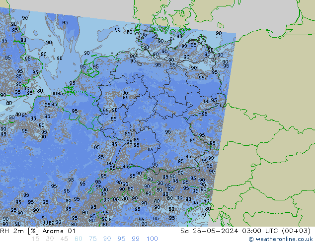 Humedad rel. 2m Arome 01 sáb 25.05.2024 03 UTC