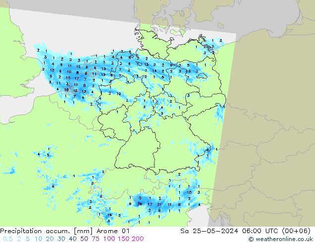 Totale neerslag Arome 01 za 25.05.2024 06 UTC