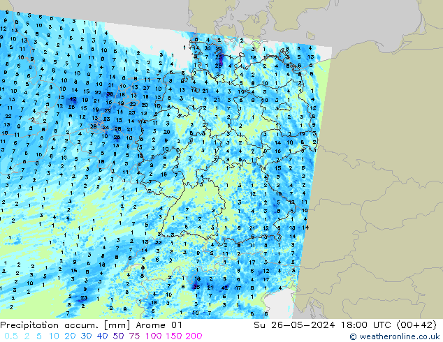 Precipitation accum. Arome 01 Su 26.05.2024 18 UTC