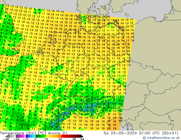 Temperatuurkaart (2m) Arome 01 za 25.05.2024 01 UTC