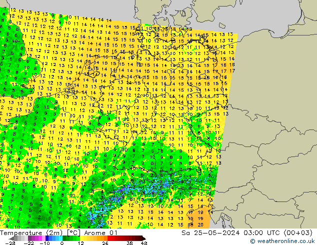 温度图 Arome 01 星期六 25.05.2024 03 UTC