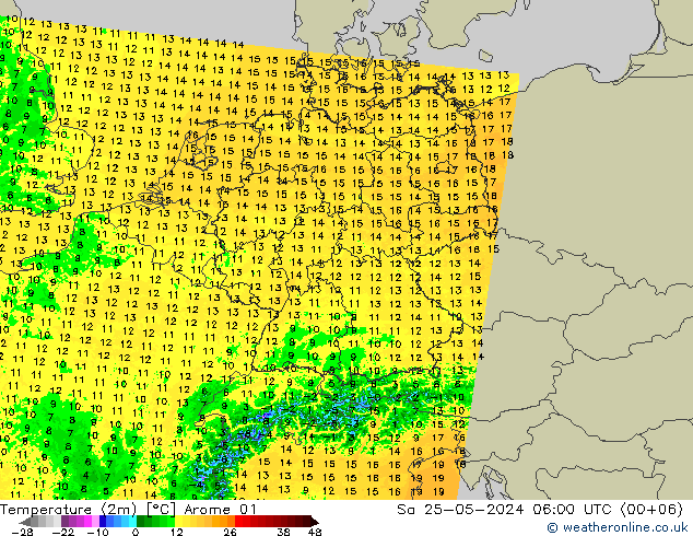 Temperatura (2m) Arome 01 sáb 25.05.2024 06 UTC