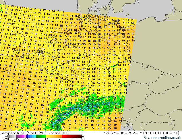 Temperatuurkaart (2m) Arome 01 za 25.05.2024 21 UTC