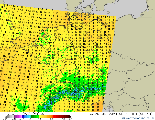 Sıcaklık Haritası (2m) Arome 01 Paz 26.05.2024 00 UTC