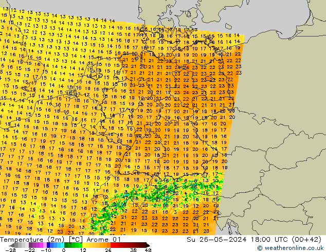 Sıcaklık Haritası (2m) Arome 01 Paz 26.05.2024 18 UTC