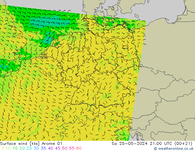 Vento 10 m Arome 01 sab 25.05.2024 21 UTC