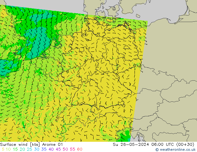 wiatr 10 m Arome 01 nie. 26.05.2024 06 UTC