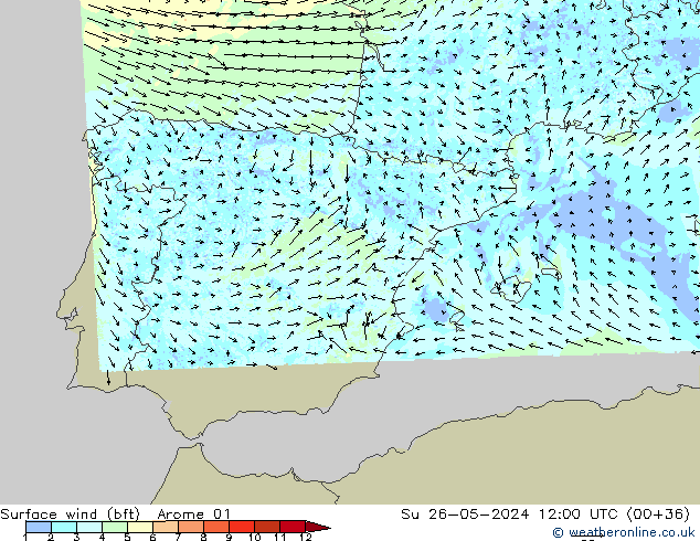 wiatr 10 m (bft) Arome 01 nie. 26.05.2024 12 UTC