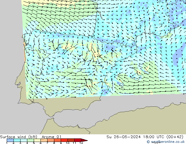 Viento 10 m (bft) Arome 01 dom 26.05.2024 18 UTC