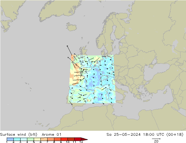 Surface wind (bft) Arome 01 So 25.05.2024 18 UTC