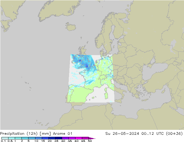 Totale neerslag (12h) Arome 01 zo 26.05.2024 12 UTC