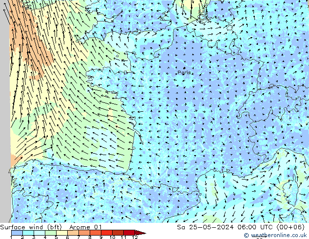 Rüzgar 10 m (bft) Arome 01 Cts 25.05.2024 06 UTC