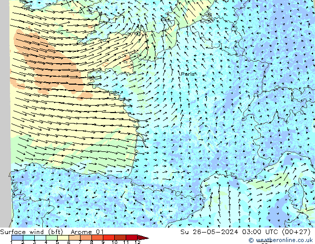 Viento 10 m (bft) Arome 01 dom 26.05.2024 03 UTC