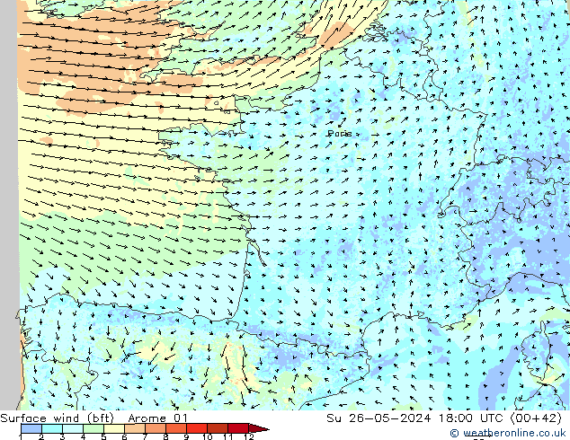 Rüzgar 10 m (bft) Arome 01 Paz 26.05.2024 18 UTC