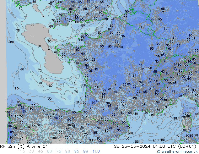 Humidité rel. 2m Arome 01 sam 25.05.2024 01 UTC