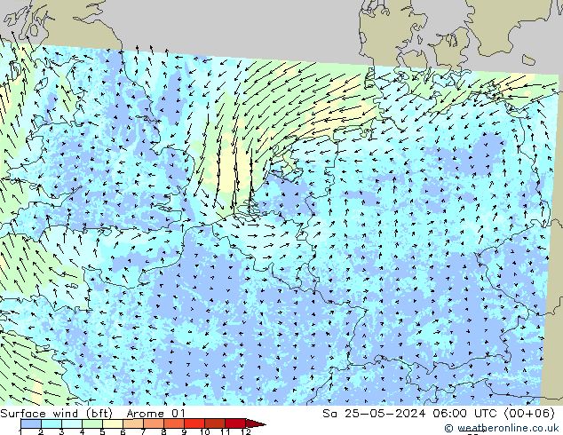 Vent 10 m (bft) Arome 01 sam 25.05.2024 06 UTC