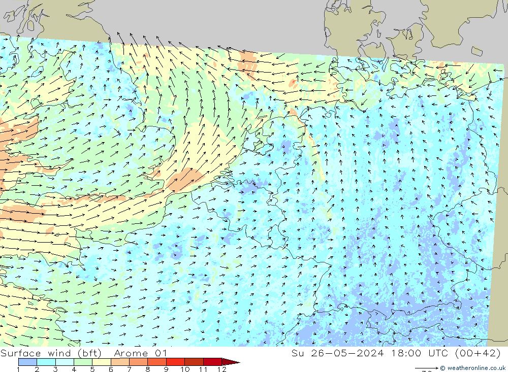 Vent 10 m (bft) Arome 01 dim 26.05.2024 18 UTC