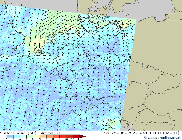 wiatr 10 m (bft) Arome 01 so. 25.05.2024 04 UTC