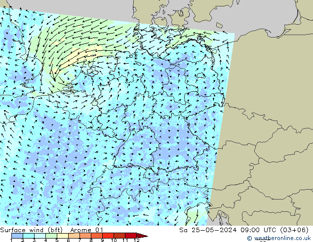 Vento 10 m (bft) Arome 01 sab 25.05.2024 09 UTC