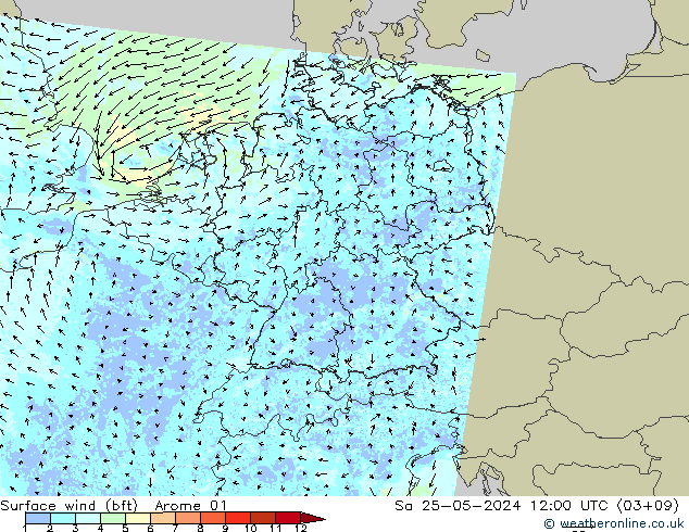 wiatr 10 m (bft) Arome 01 so. 25.05.2024 12 UTC