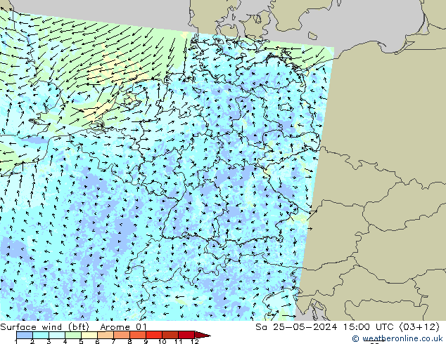 Wind 10 m (bft) Arome 01 za 25.05.2024 15 UTC
